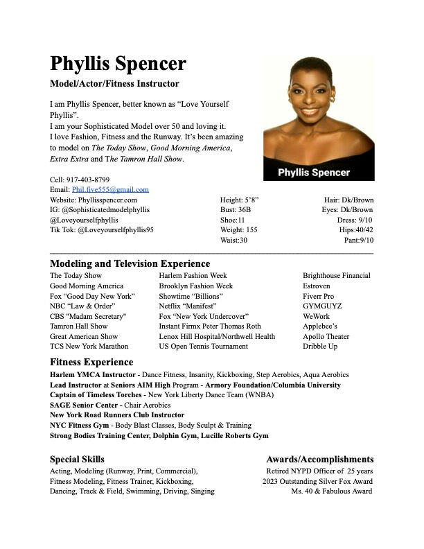 Phyllis Spencer modeling and acting resume